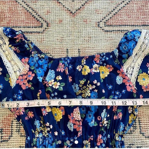 Vintage 70s 80s Prairie Floral Dress Lace Accents M - Picture 3 of 4